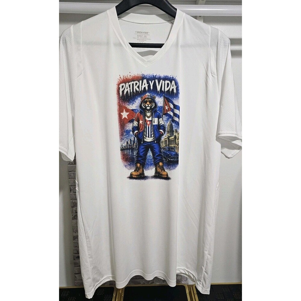Patria y Vida Cuba Colors 92% Polyester  8% Spandex Shirt XXL White
